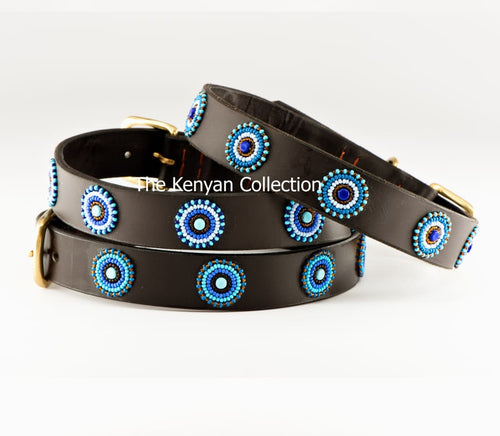 Blue/Brown Circles Beaded Dog Collar - Dog Collars - Maasai