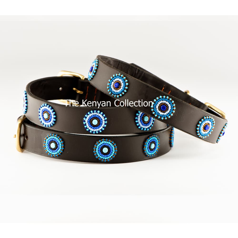 Blue/Brown Circles Beaded Dog Collar - Dog Collars - Maasai