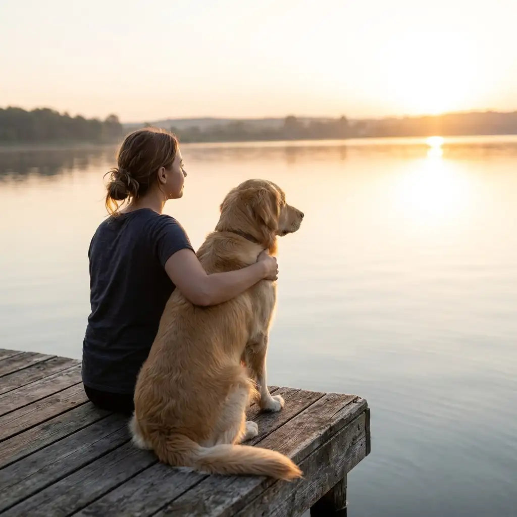 Golden retriever with soft, fluffy fur sitting beside a person on a wooden dock.