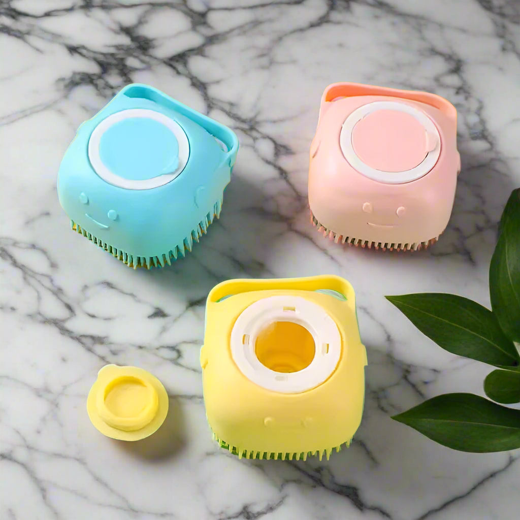 Massaging Pet Bath Brush with Built-In Shampoo Dispenser