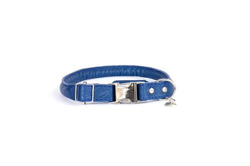Rolled Style Blue Leather Quick-Release Dog Collar - Dog