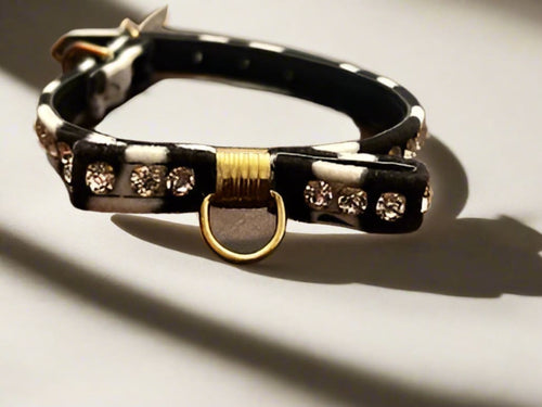 Zebra Stripe Clear Crystal Jewel Bow Dog Collar - Fits